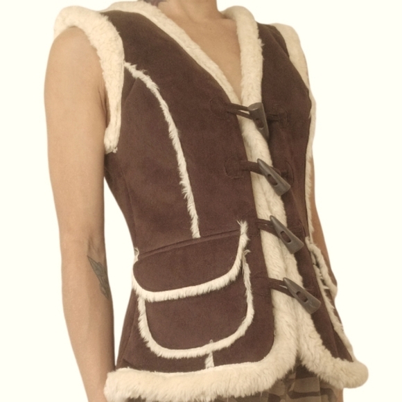 Vero Moda Faux Suede Shearling Vest Brown Cream Small - Picture 2 of 5